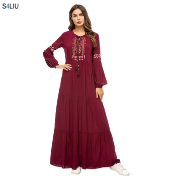 

Vintage Ethnic Geometric Embroidery Women Long Dress Casual Maxi Dress Long Sleeve Draped Design Swing Kimono For Women Fashion