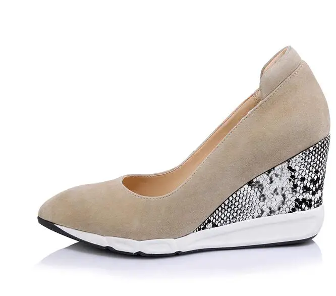 XGRAVITY Wedge Genuine Leather Lady High Heel Dress Wedges Snakeskin Heel Pointed Toe Woman High Heels Ladies Party Shoes A062