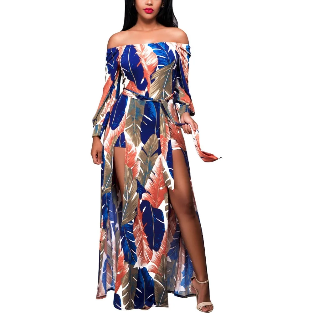 

2017 Autumn Fashion Slash-Neck Sexy Asymmetrical Ruffles Split The Fork Dress Empire Print Beach Dresses Party Banquet Dress