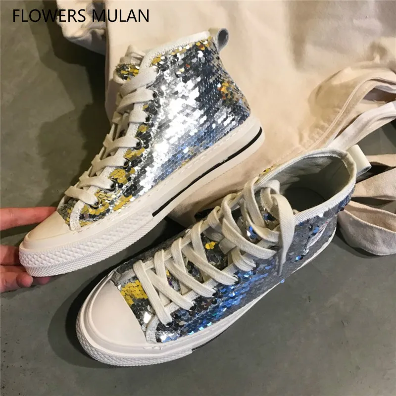 

New Arrival 2018 Bling Glitter Sequined leather Upper Girl Flat Casual Shoes Round Toe Rubber Heel Lace Up High Cup Sneakers