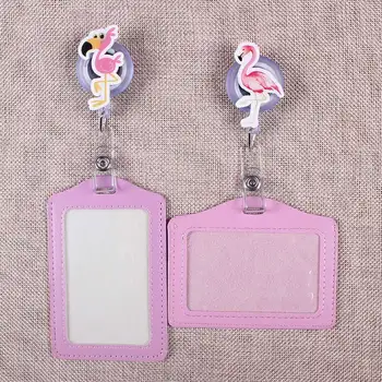 

Cute Pink Bird Retractable Creative Flamingo Badge Reel Students Nurse Exhibition Enfermera Name Card Chest Girls PU Card Holder