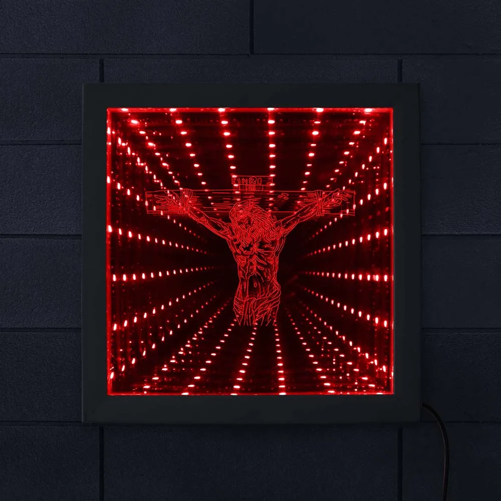

Jesus On Cross LED Lighting Infinity Mirror Tunnel Vision Wood Frame Christ Lighted Mirrors Religious Home Decor Christian Gift