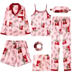 Emulation Silk Pijama женские пижамы из 7 предметов с принтом полосатые пижамы женские пижамы с длинными рукавами Весенняя летняя домашняя одежда