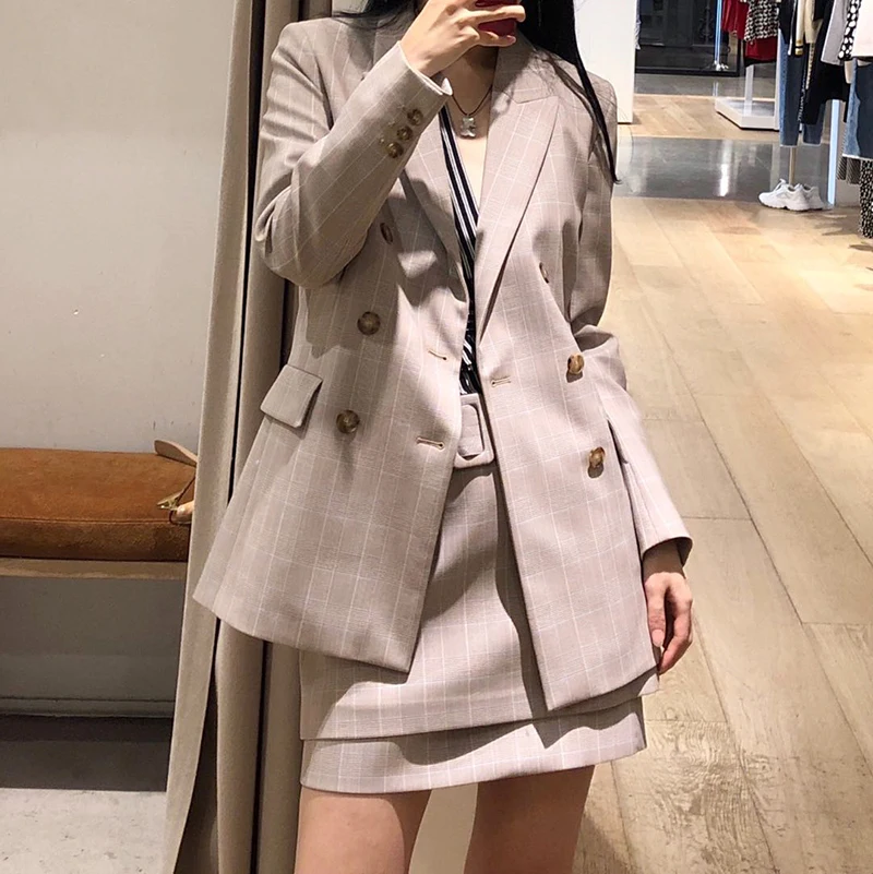 

2019 spring new England style simple plaid notched collar double breasted women straight blazer coat