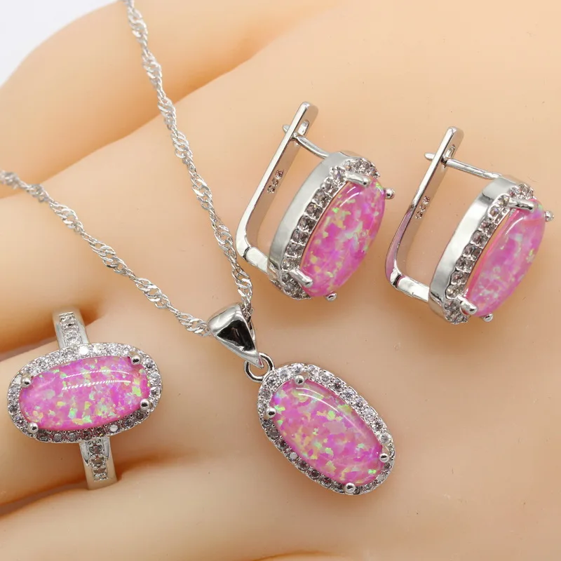 

925 Sterling Silver Jewelry Sets For Women Oval White Fire Australi Opal Earring Sets Pendant Rings Clip Earrings Free Gift Box