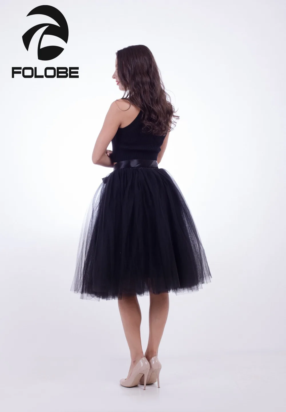 FOLOBE Black 7 слоев миди Тюлевая юбка пачка юбки женская юбка эластичный пояс faldas saia jupe