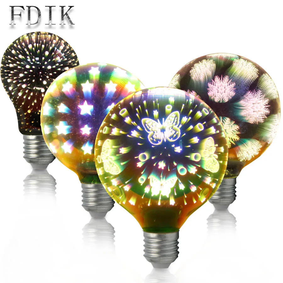 Xmas Decoration Light E27 4W 3D LED Bulb A60 G95 G125 Firework Butterfly Starry sky Snowflake Dazzle Color Edison bulbs