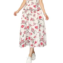 Ботильоны-Длина чешские плиссированные юбки Элегантный цветочный принт карманы юбка Демисезонный лето эластичный пояс из хлопка и льна юбка