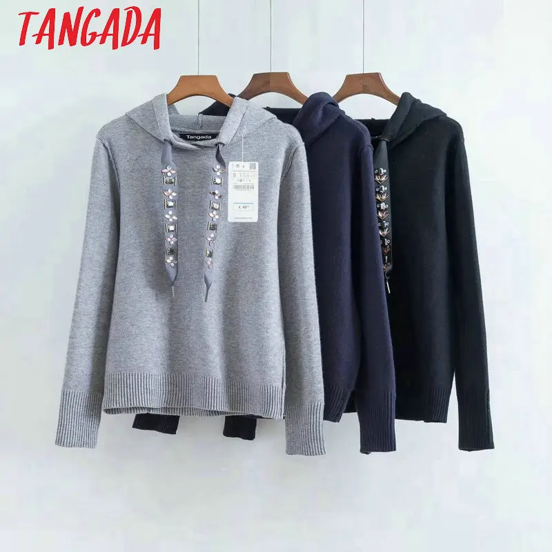 Tangada Womens Hoodie Sweatshirts Hooded Long Sleeve Beading Black Pullovers Women Female Casual Sw