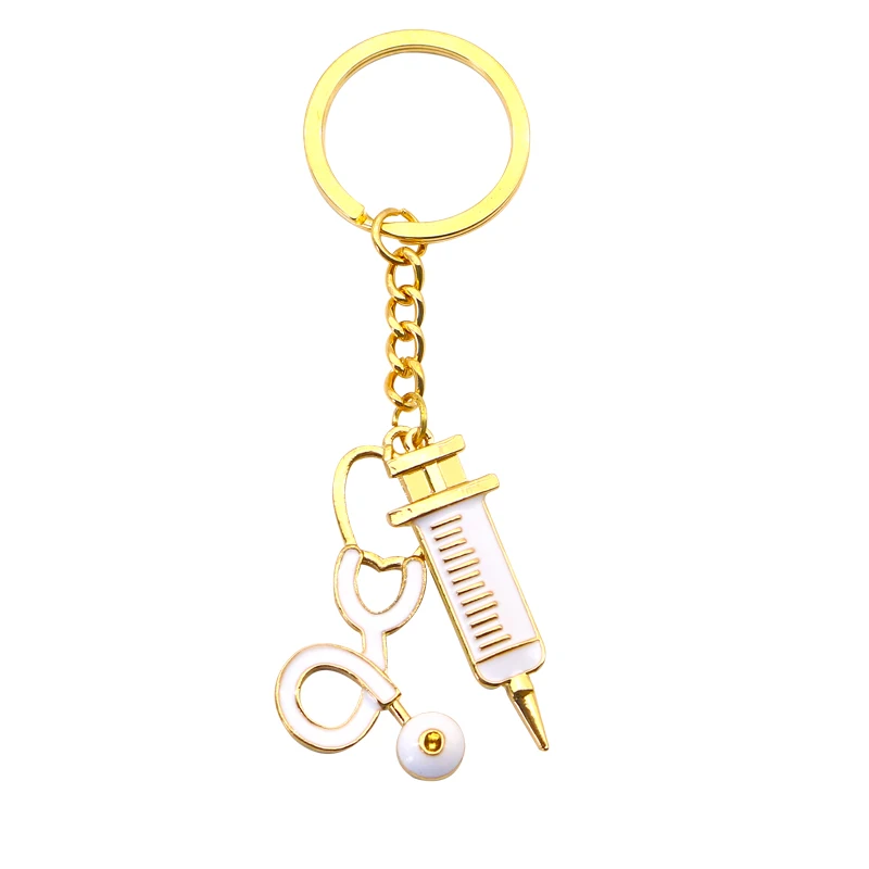 

Trendy Syringe Stethoscope Keychain Ring Metal Gold Enamel Key Chain Medical Jewelry For Doctor Nurse Gift Llaveros Dropshipping