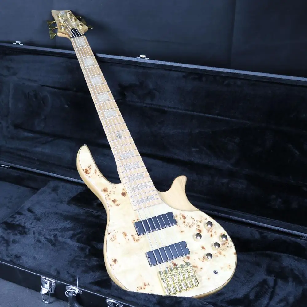 

New Arrial 6 Strings Electric Bass X5-20 Burl Top Active Pickups Gold Hardware ASH Body
