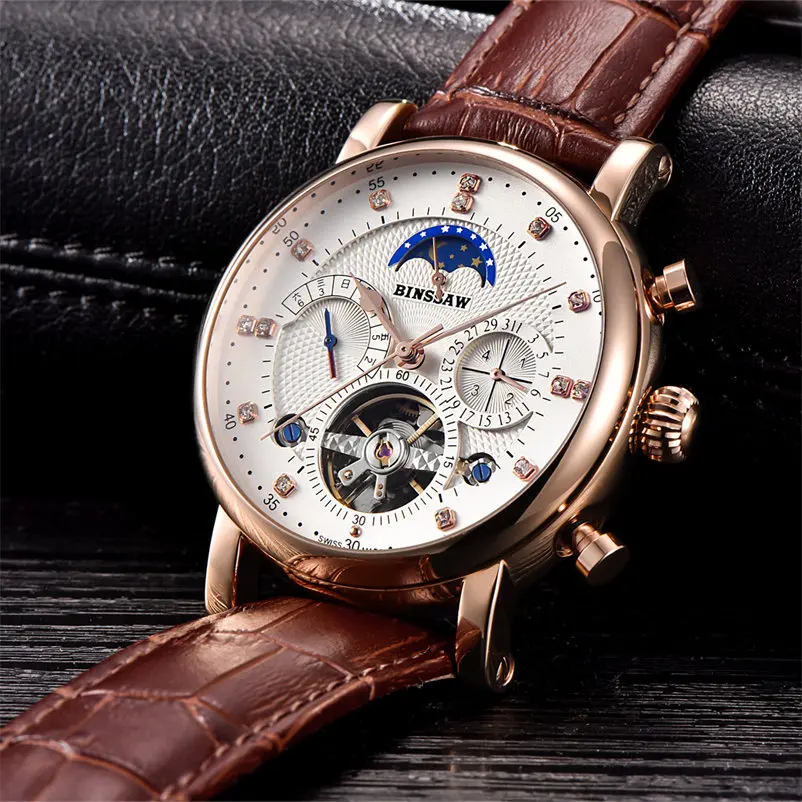 BINSSAW Мужские часы механические Tourbillon Роскошные модные брендовые кожаные мужские спортивные часы мужские автоматические часы Relogio Masculino