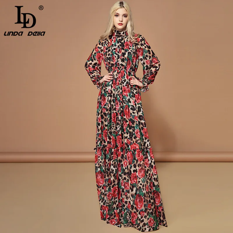 Koop LD LINDA DELLA Fashion Runway Lange Mouwen Maxi Jurken vrouwen Elegante Partij Rose Bloemen Luipaard Print Lange Jurk Vakantie jurk