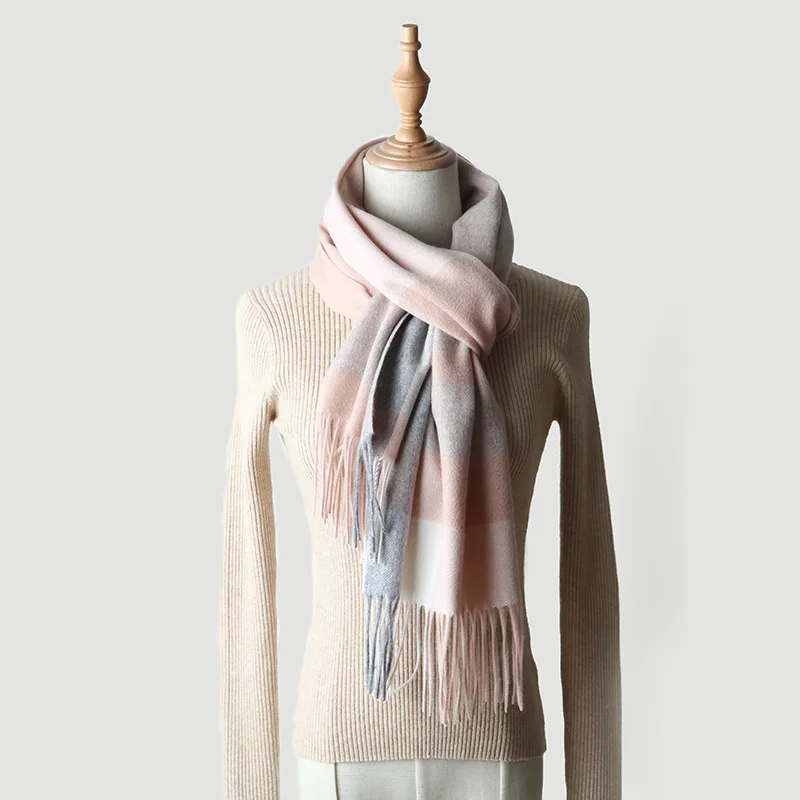 Чистый кашемировый шарф для женщин, женские плотные клетчатые кашемировые шарфы, зимние теплые клетчатые длинные шарфы с шалевая накидка с бахромой в виде кисточек - Цвет: Grey Pink