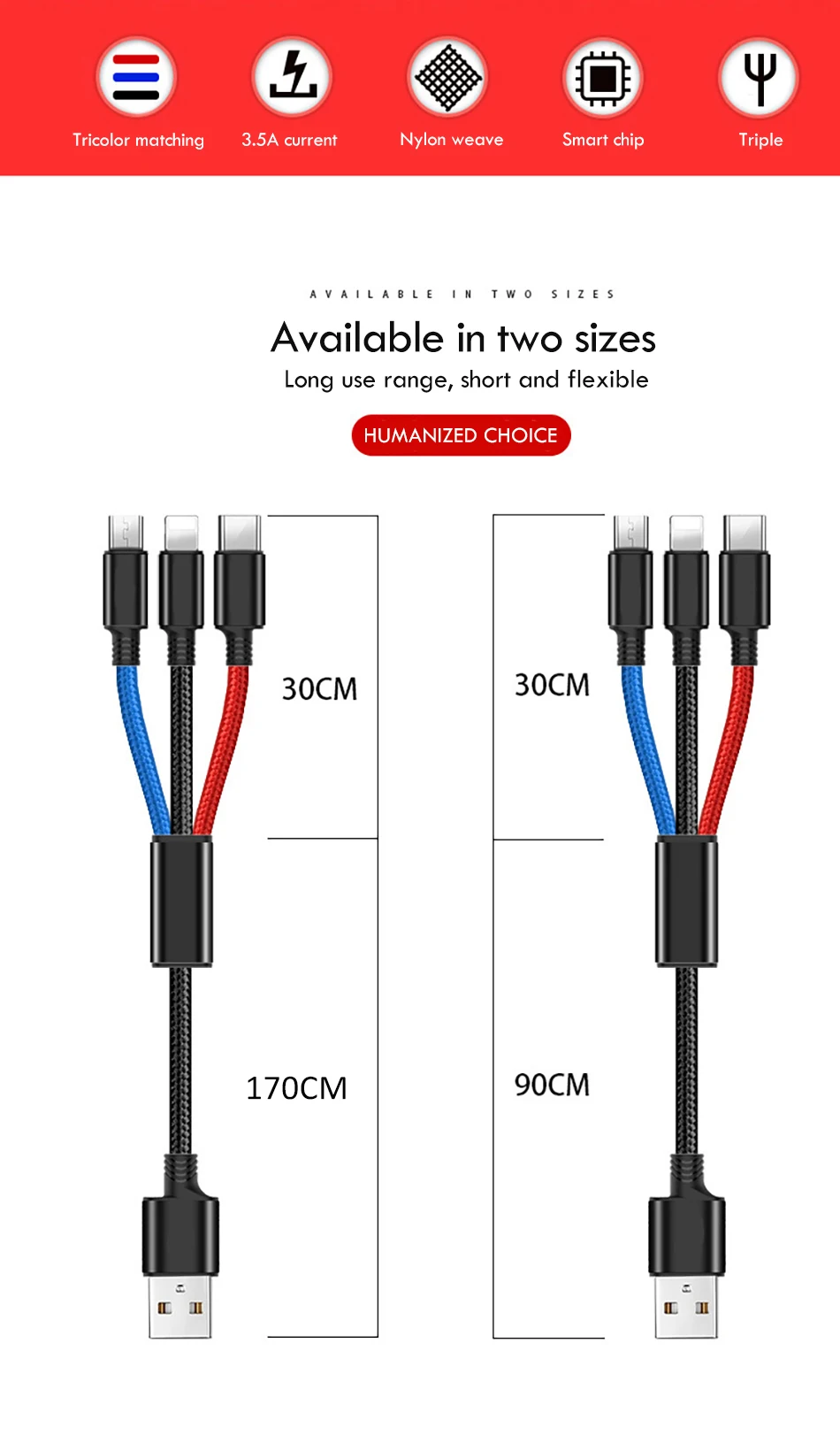 Universal 3 in 1 Lighting Charge Cable For iPhone 7 8 6 6s Plus X Micro USB Type-C For Xiaomi Samsung Long Charging Cables 1 (2)