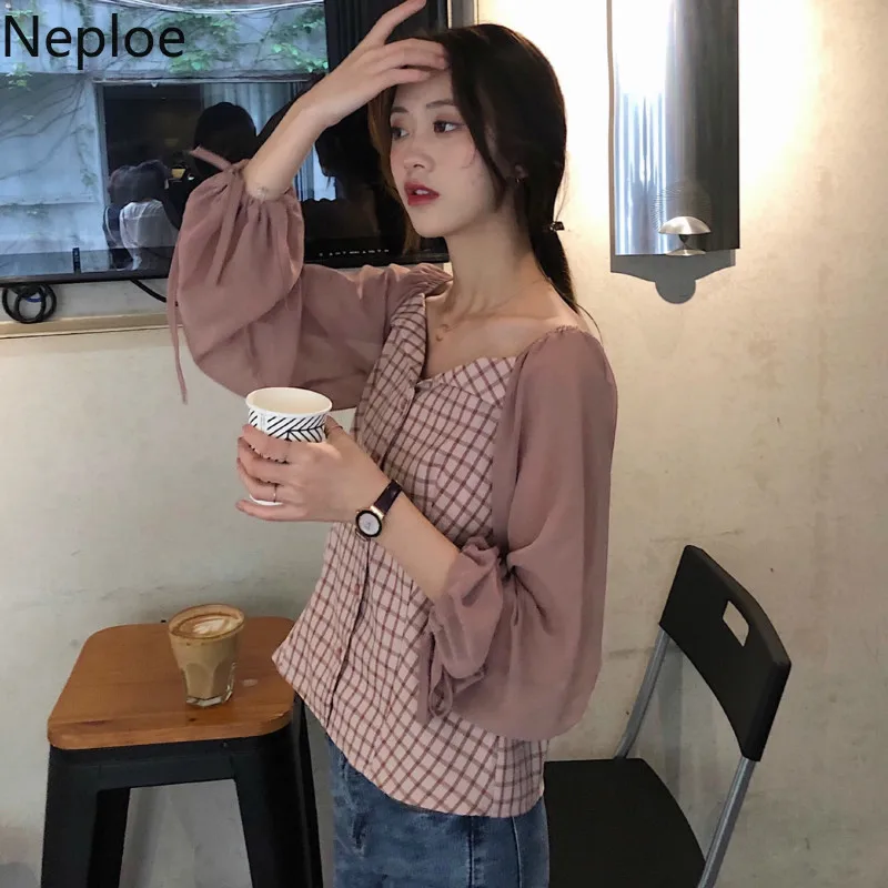 Neploe Корейская Летняя женская рубашка фонарь с рукавами элегантная шифоновая блузка v-образный вырез пэчворк розовый плед женские топы, блузы 39182