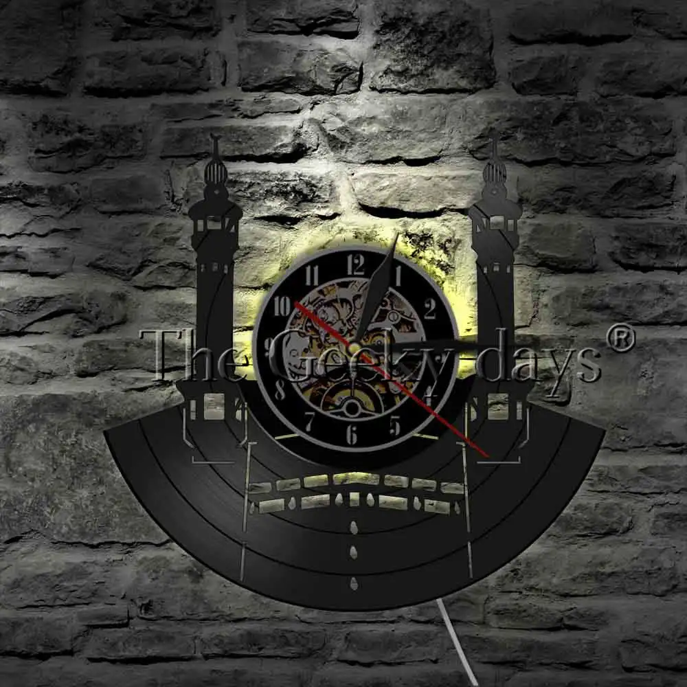 Знаменитый Город Мекка Виниловая пластинка настенные часы исламская культура настенные часы винтажный Настенный декор Kaba мусульманская архитектура настенные часы
