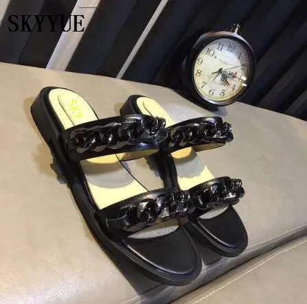 

2018 New Black Metal Chain Slip On Women Flats Sexy Open Toe Party Women Summer Flats Shoes Women