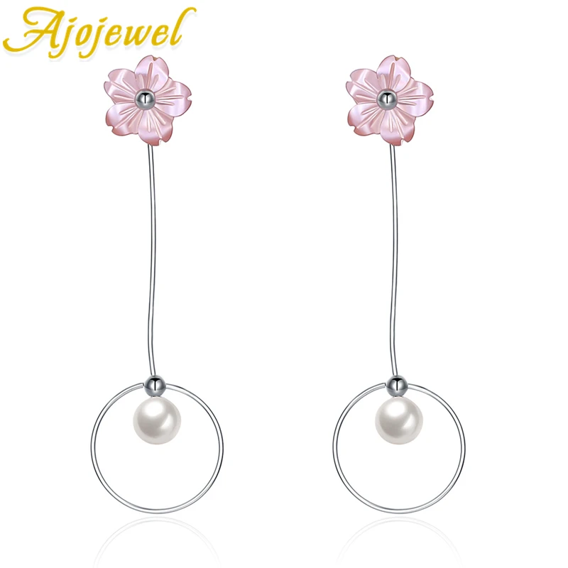 

Ajojewel Best Girl Pink Flower Big Brand Design Luxury 925 Silver Simulated Pearl Geometric Circle Pendant Drop Earrings Gift