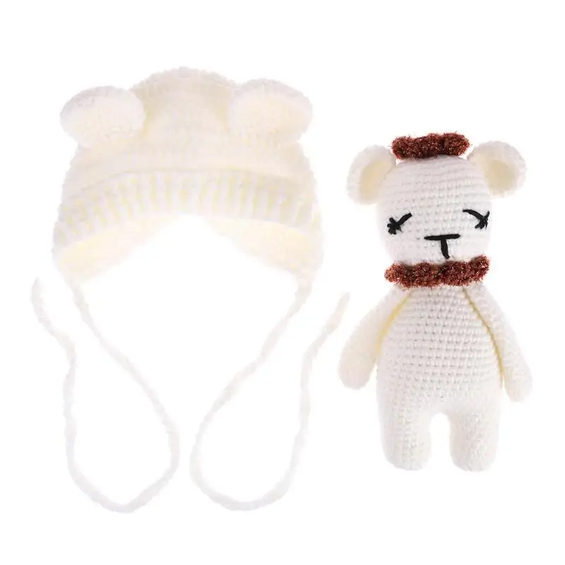 S white bear НОВАЯ Трикотажная Шапочка+ игрушка с медведем для новорожденных малышей, для фотосъемки, Детская вязаная шапочка - Цвет: S white bear