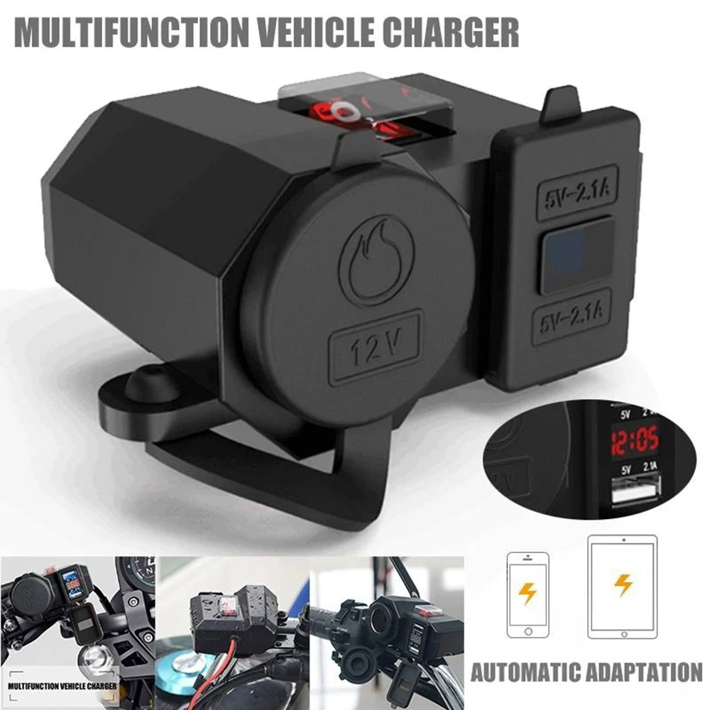 

Motorcycle Cigarette Lighter Socket Outlet Dual USB Charger LED Voltmeter+Switch 2 Port Car Styling