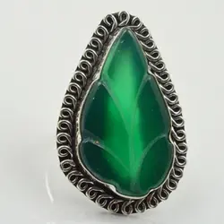 Резное зеленое кольцо в форме листика серебряное покрытие над медью, размер США 9,25, R2404