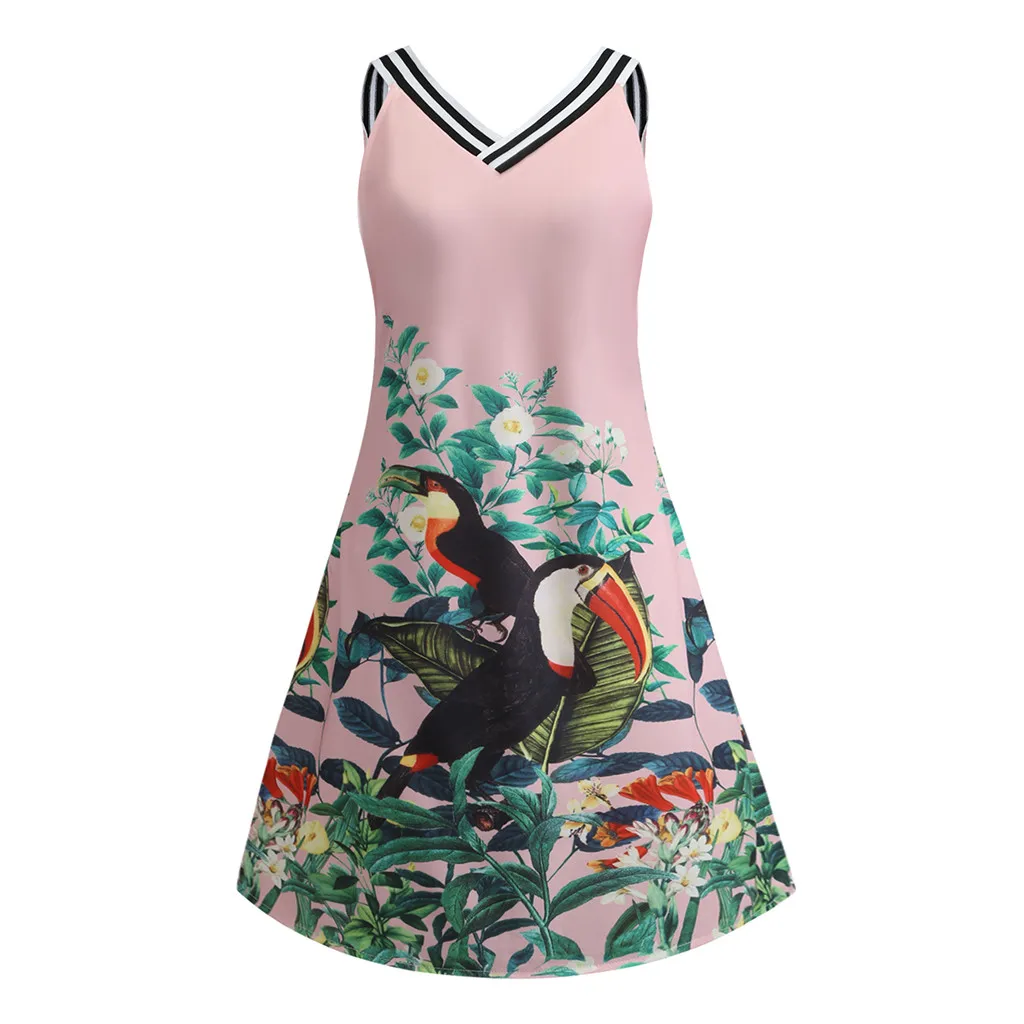 

Women Summer Dress Vintage Elegant Bodycon Sleeveless beach Dress V Neck Floral Bird Print Casual Party Tank Mini Dress NEW