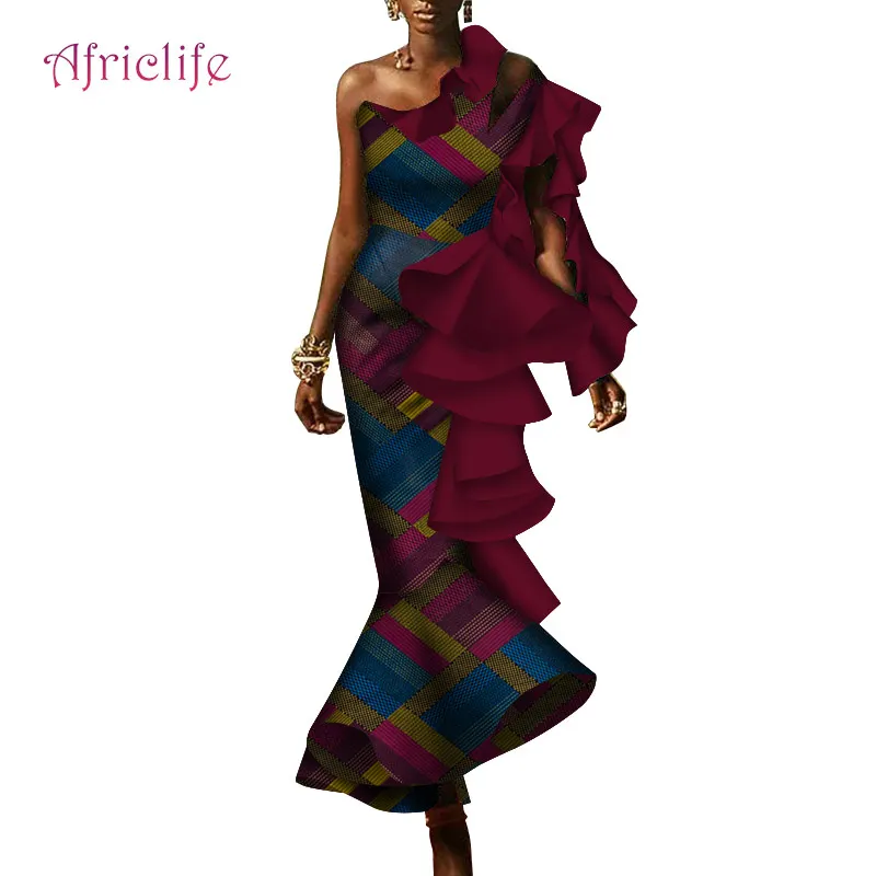 Африканские Многослойные оборки платья для женщин принт Сращивание с открытыми плечами Русалка платья африканская Дашики одежда WY4188