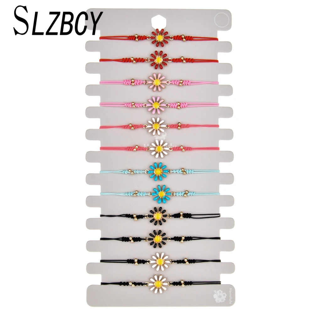 

SLZBCY 12 pcs/set Trendy Colorful Alloy Sun Flower Charms Bracelets Women Girl Adjustable Braided Rope Bracelet Fashion Jewelry
