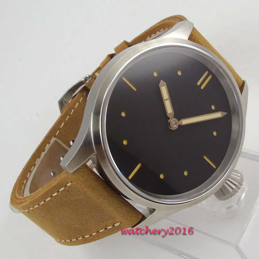 

43mm Parnis Black Sterile Dial Stainless steel Case Sapphire Glass Leather strap Hand Winding Mechanical men's Watch