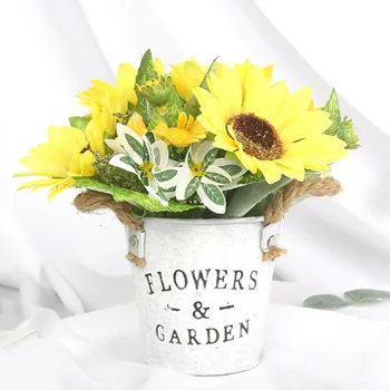 

Artificial Sunflowers Mini Bonsai with a Iron Vase Potted Plant for Wedding Decoration Fake Flowers Home Garden Party Supplies