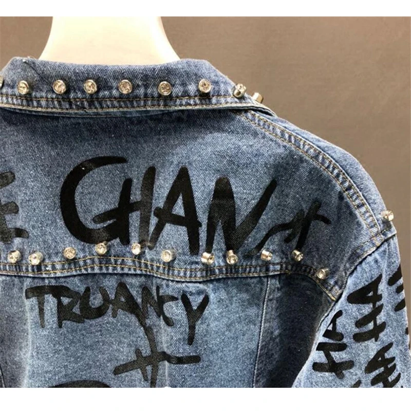 incredible  2019 New Fashion Beading Diamond Graffiti Printed Short Design Denim Jacket Coat Casual Women Cowbo