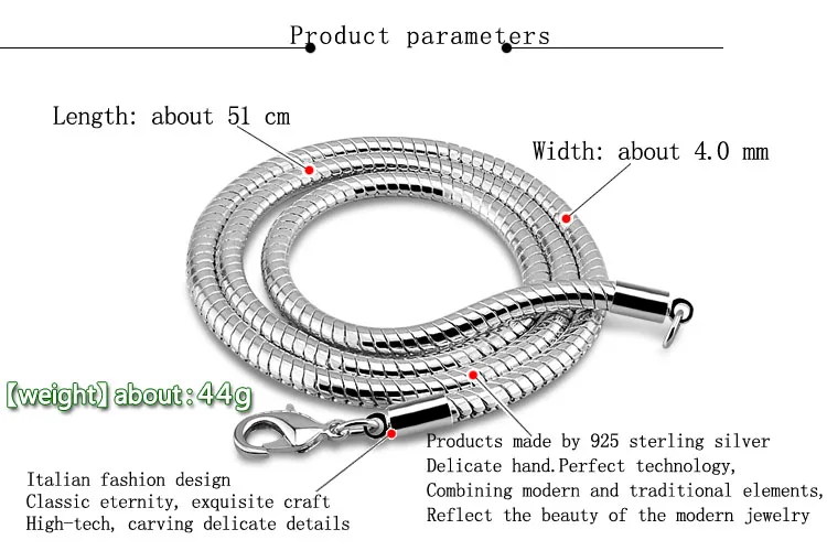 Для мужчин из стерлингового серебра Цепочки и ожерелья модные 925 серебряные гладкие 4mm20/22 дюймов цепи змейки Цепочки и ожерелья для мальчика/женские ювелирные изделия