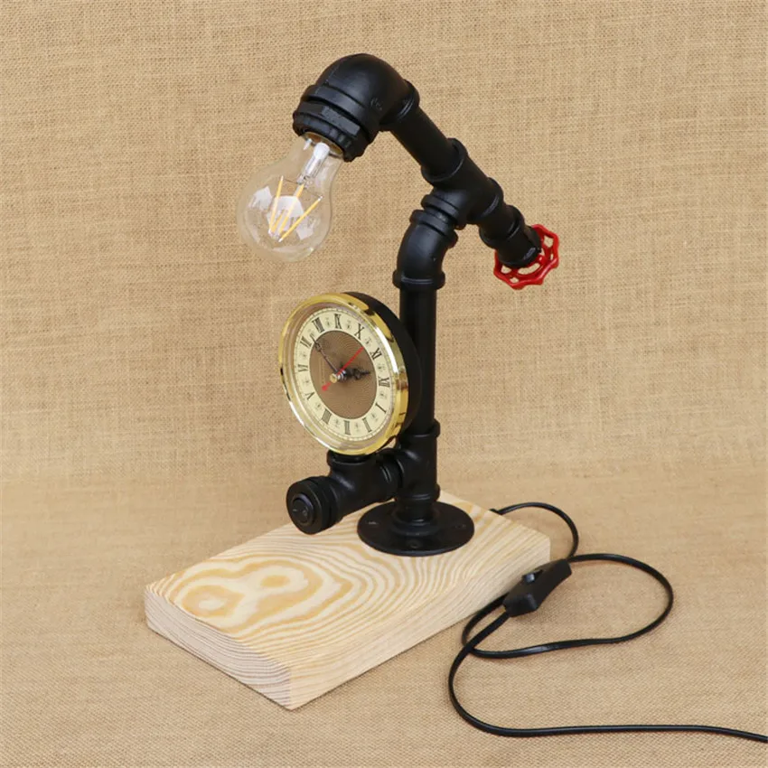 

Vintage Water Pipe Lightings Retro Industrial Desk Lamps Steel Pipe Table Lamp wood Base E27 Holder for Bedroom Light