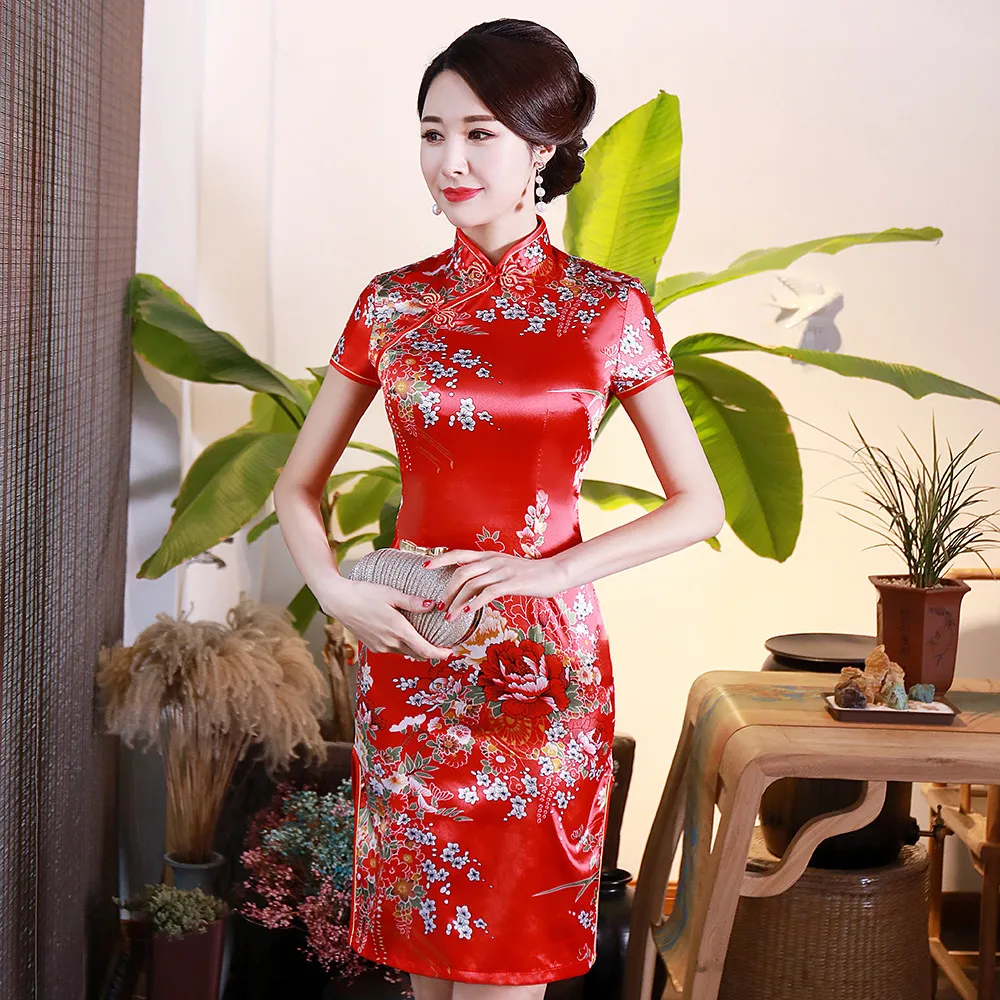 WHITE Flower Women Satin Cheongsam Summer New Slim Rayon Wedding Dress Elegant Split Qipao Traditional Chinese Women Vestido 6XL
