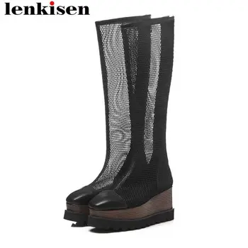 

Large size handsome girls cow leather ventilated mesh high bottom wedges waterproof thigh high boots square toe summer boots L88