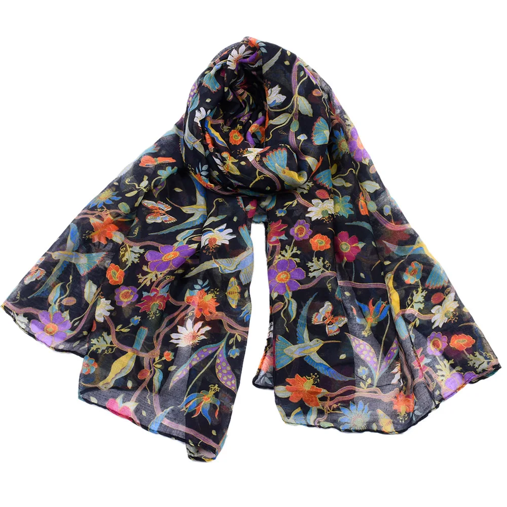 

New Women Fashion Elegant birds print Scarf lightweight Hummingbird Floral Silk Shawls and scarves Ladies Summer Wrap