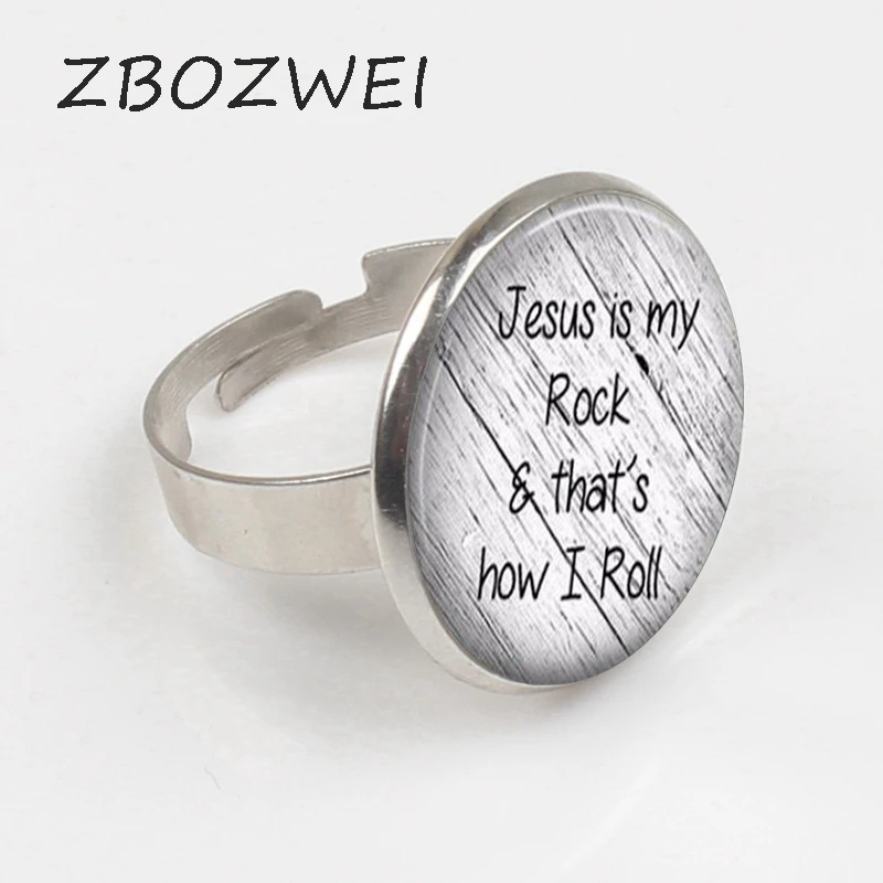 

ZBOZWEI 2018 1pcs Jesus is my rock and that's how I roll Ring Faith Pendant Christian Inspirational jewelry glass Cabochon Ring