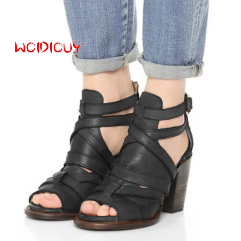 

Black Sandals Women High Heels Open Teo Ankle Sandals Gladiator Casual Summer Shoes Female platform sandals Beach Shoes Women