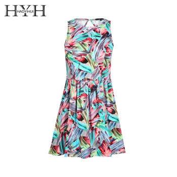 

HYH HAOYIHUI Off shoulder Flower Print Hollow Out Back Women Dress Crew Neck Sleeveless Vestidos Sexy Summer Beach Mini Dress