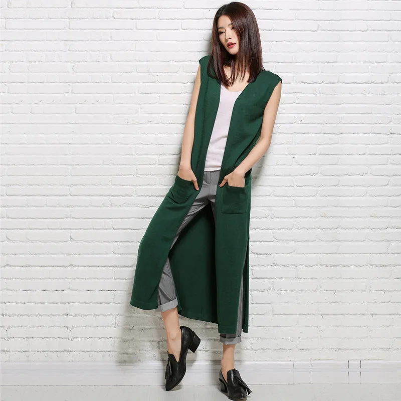 Sleeveless Cardigan Wool Green Knitted Summer Vests Women Waistcoat Outerwear V Neck Knit Long Vest Autumn Yellow Blue Mujer