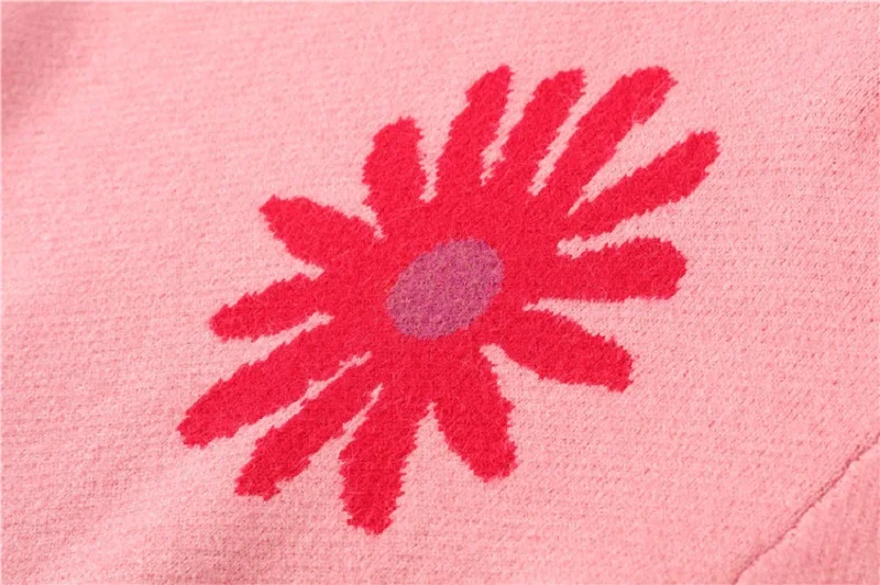Зимний повседневный розовый свободный свитер Pulloveres для женщин, подиумный принт с листьями, милый уличный вязаный свитер, джемпер, одежда