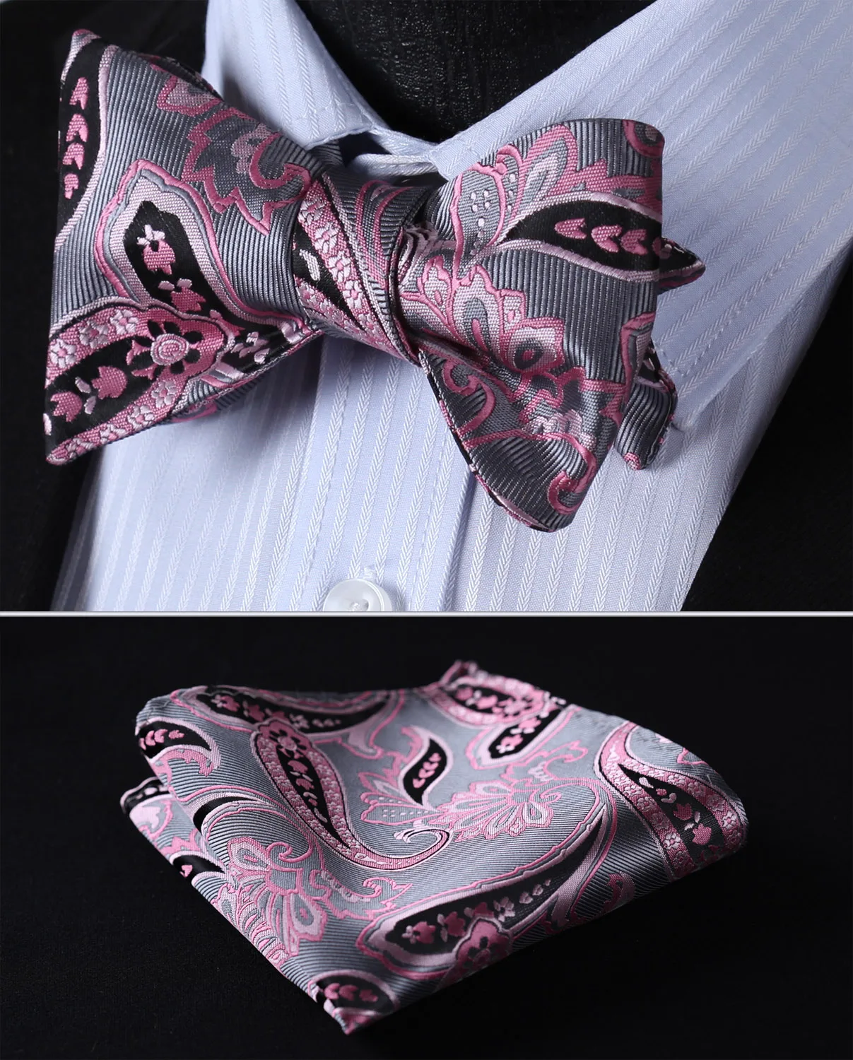  Pocket Square Classic Party Wedding BP905KS Pink Gray Paisley Bowtie Men Silk Self Bow Tie handkerc