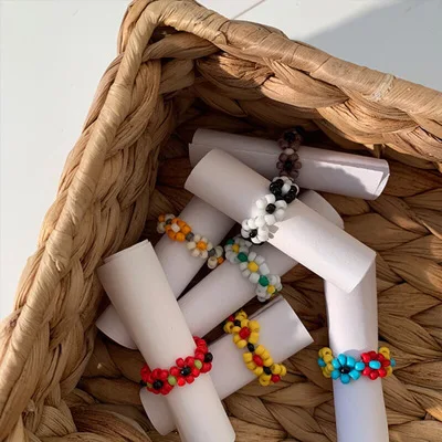 

Fashion Trendy Korean Bohemia Multi-color Small Flowers Rice Beads Ring Women Girl Jewelry Handmade Weave Style Ring