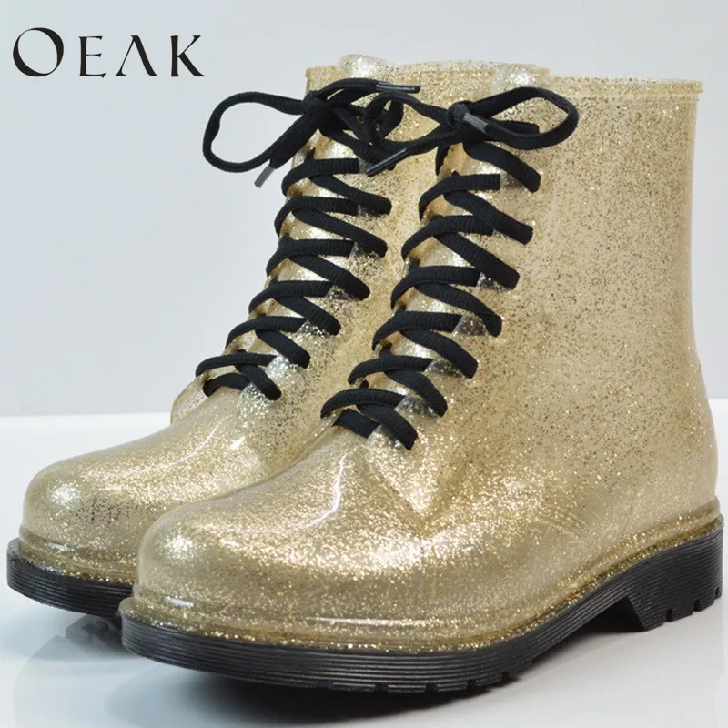 

Oeak Autumn Winter Women Rain Boots Transparent Glitter Pullover Boots Martin Boots Water Shoes Students Rain Shoes