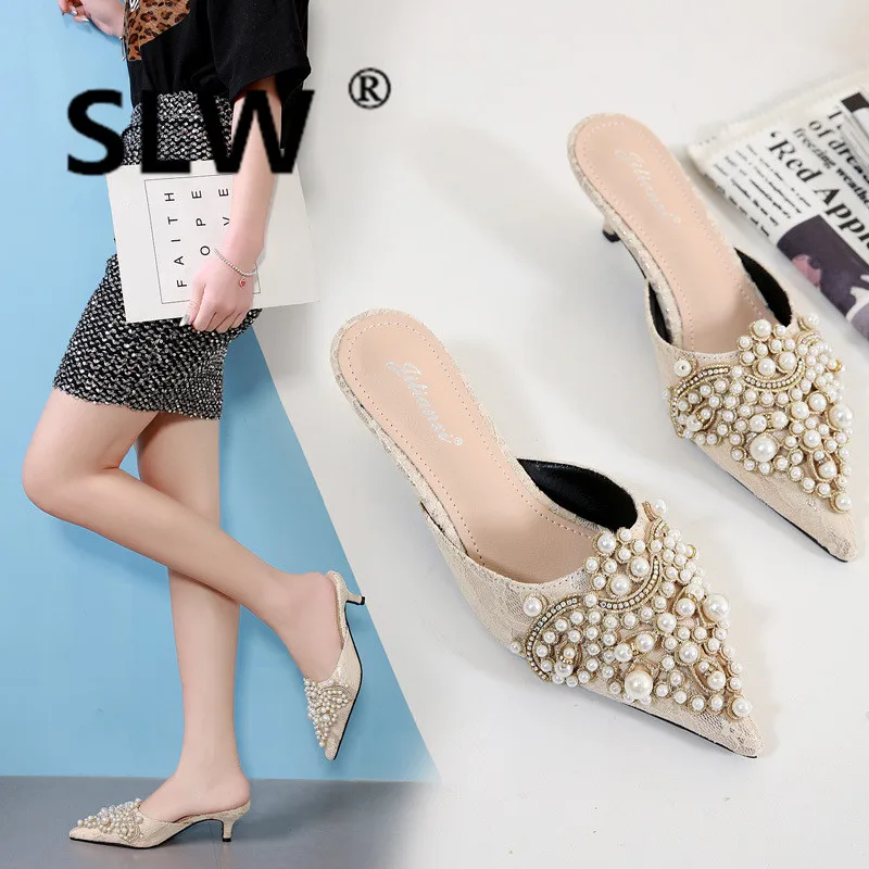 Lace closed toe loafer Slides Flock Narrow Band slipper Thin Heels