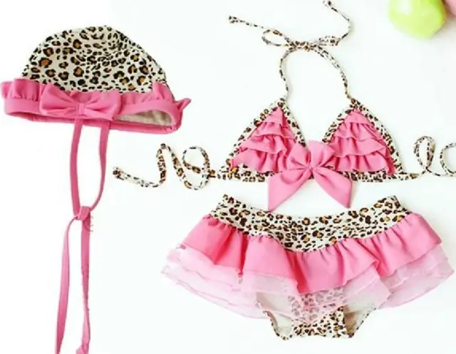 Best Price Leopard bikini top&bottom hat 3-pieces beachdress Girls swimsuit 1-8 years old swimwear pink bow-knots Children's bikini set