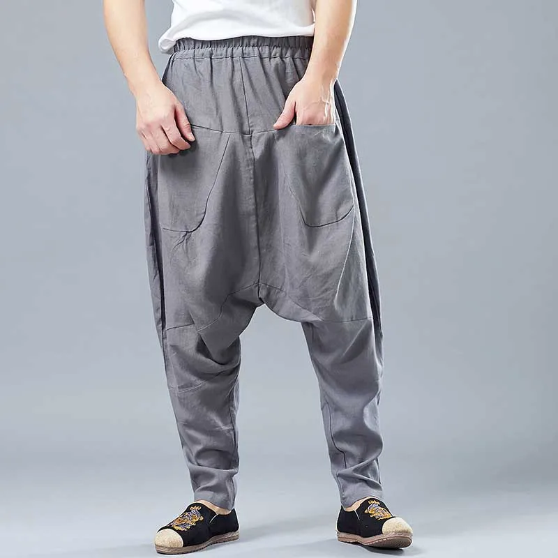 

Linen Cotton Front Pocket Harem Pants Men Casual Retro Loose Baggy Trousers Drop Crotch Hip Hop Pants Man Clothes
