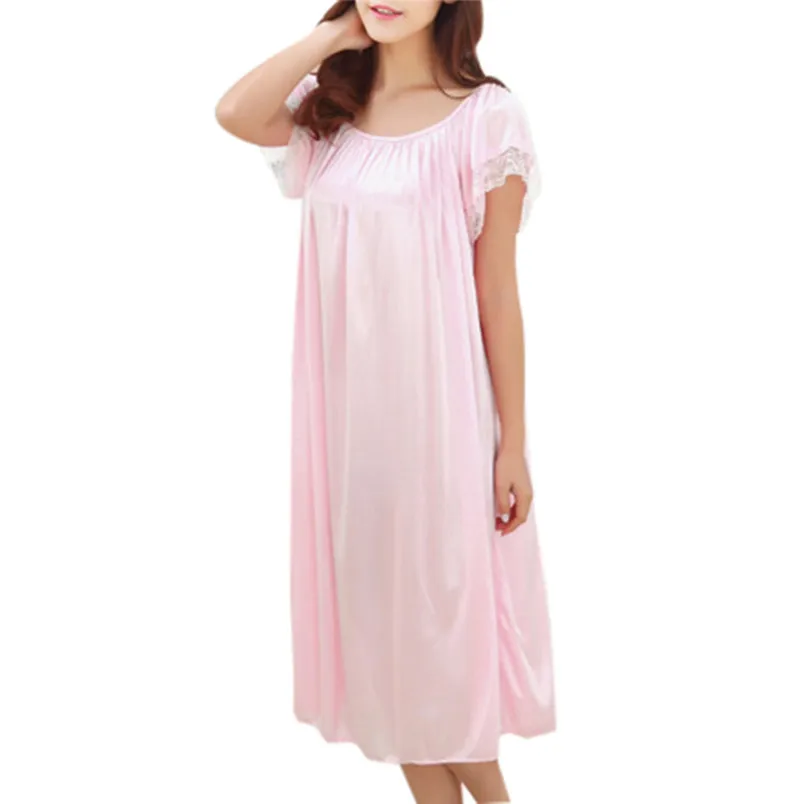 Women Summer Home Lace Ice Silk Short Sleeve Loose Nightgown Dress O Neck Lingerie Pajamas Dress One Size 40FE01 (31)