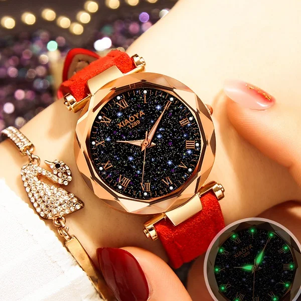 Роскошные модные женские часы XIAOYA, женские часы из розового золота, элегантные минималистичные стразы, повседневные женские водонепроницаемые часы - Цвет: red